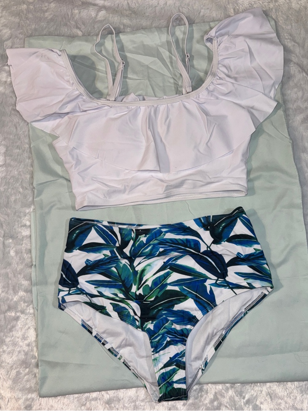 NWOT White Ruffle Bikini Top with Blue Green Leaf High-Waist Bottom